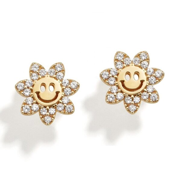 Emoji  Happy Face Gold and Crystal Felice Cubic Zirconia Smiling Daisy Studs - Picture 1 of 6